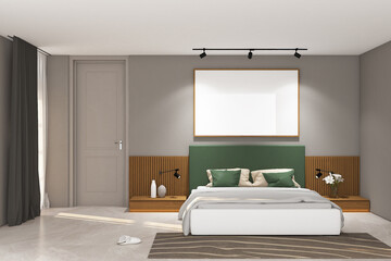 3d render of minimal bedroom side the window interior design with wood louvre backdrop & frame mockup. Granite tile floor, light gray wall and white ceiling. Set 22
