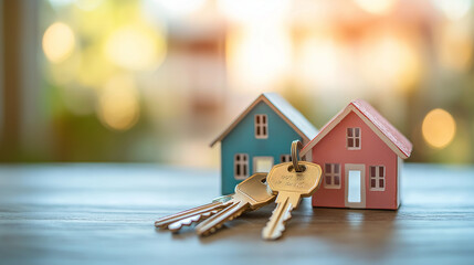 house models and keys on table, concept of property investment sales