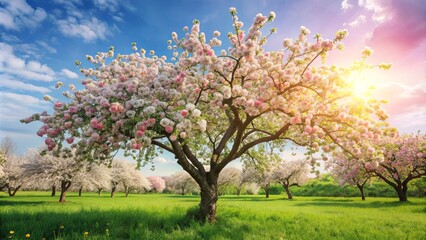 Beautiful apple tree in full bloom during spring , spring, blossoms, nature, flowers, white, petals, foliage, apple tree