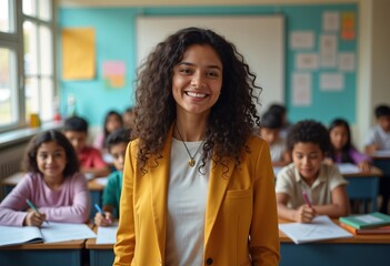 Young Latino Hispanic American teacher smiling in classroom on World Teachers' Day