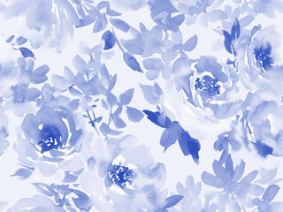 A seamless pattern of abstract blue roses painted in watercolor. Hand-drawn rose wallpaper. A watercolor floral pattern for invitations.