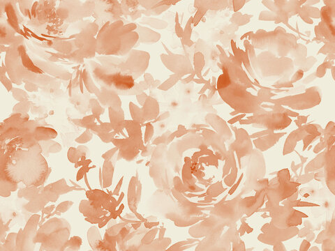 Watercolor Seamless Floral Pattern  with Abstract Hand-painted monochrome brown roses and wild flowers. Rose textile design for fabric and stationary. Hand-drawn rose wallpaper. 