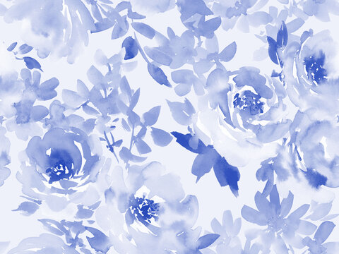 A seamless pattern of abstract blue roses painted in watercolor. Hand-drawn rose wallpaper. A watercolor floral pattern for invitations.