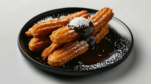 A plate of churros, showcasing the golden-brown, sugar-dusted churros with a rich chocolate dipping sauce on top, served on black plate, isolated on white background
