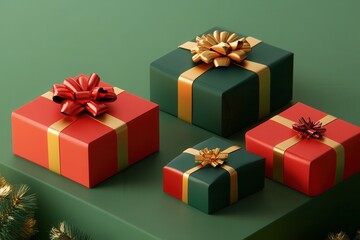 Obraz premium Elegant gift boxes in red and green display geometric shapes, each tied with vibrant ribbons and bows, enhancing the festive atmosphere. Generative AI