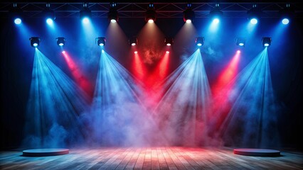 Illuminated stage with scenic lights and smoke, blue and red spotlight with smoke volume light effect on black background