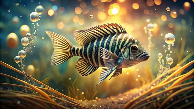 Gentle zebra fish undulate in iridescent droplets, light refracting through their stripes like gemstones. Soft focus captures wispy plants, while bokeh whispers secrets, drawing the viewer in.