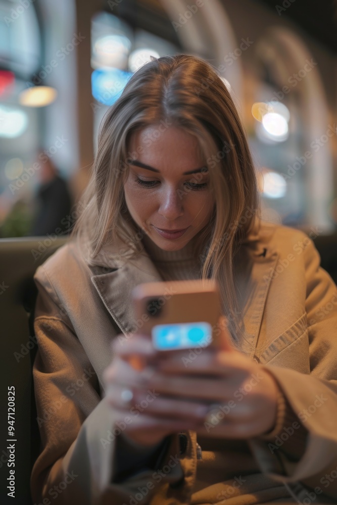 Poster a person sitting on a couch looking at their mobile device, possibly checking messages or social med