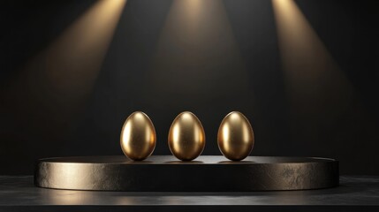Three Golden Eggs on a Dark Platform