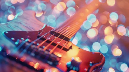 Obraz premium Music holiday composition with close-up electronic guitar on concert background.