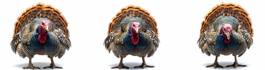 Three Turkeys with Spread Feathers Isolated on White Background