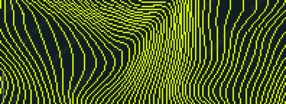 Poster neon dithered curved wavy texture. black and yellow pixelated glitch lines background. digitalized d