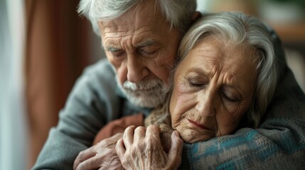 Compassionate elderly couple consoling each other during a time of shared loss. Representing the importance of human connection, love, and resilience.