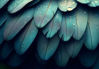Obraz premium Teal Bird Feathers with Water Drops Close up Macro Texture