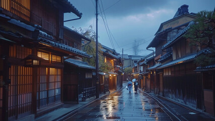 Traditional Japanese Street in Gion District at Dusk with Geishas Walking