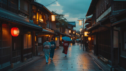 Obraz premium Traditional Japanese Street in Gion District at Dusk with Geishas Walking