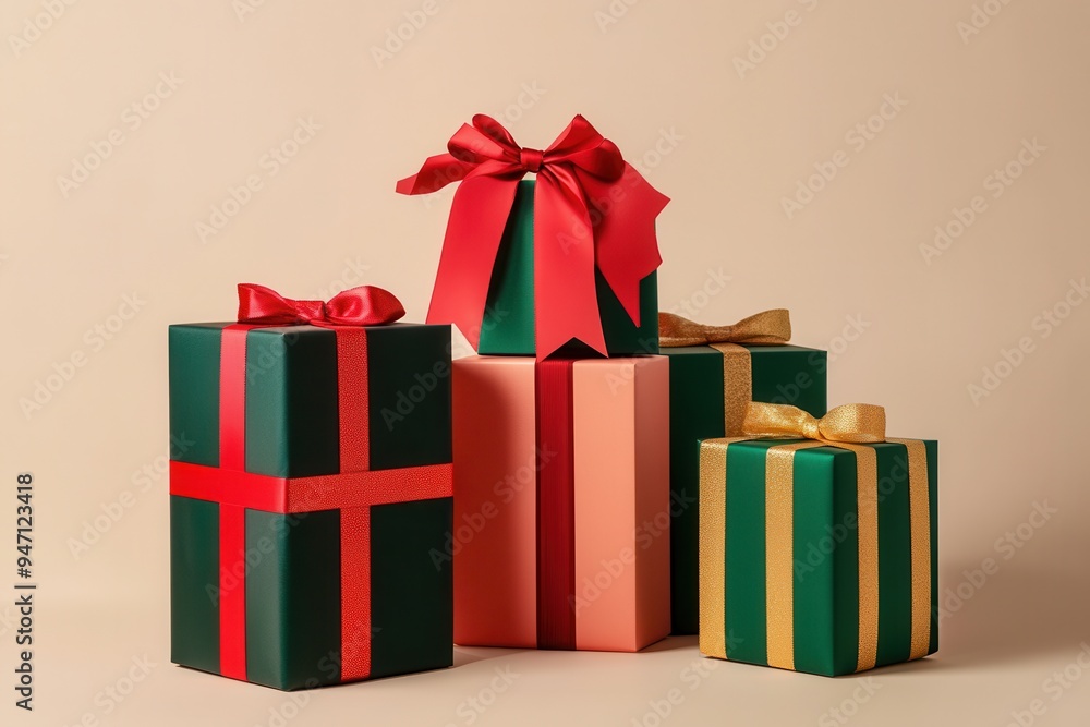 Poster colorful minimalist gift boxes with geometric designs feature bright ribbons, adding festive charm t