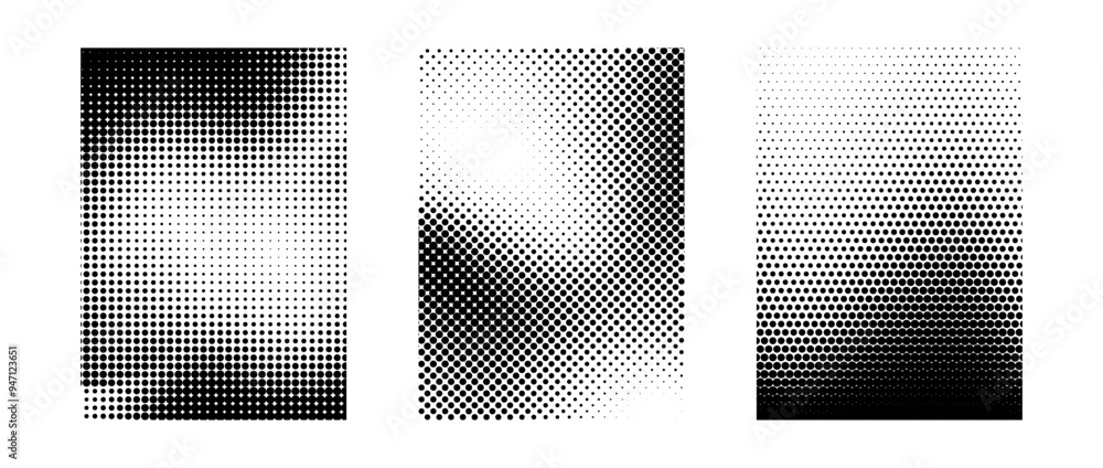 Poster set of grunge halftone gradient background. white and black grit sand noise texture collection. retr