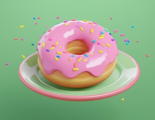 3D pink glazed donut with sprinkles on a green saucer, 3D illustration