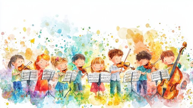 A colorful illustration of children playing musical instruments, showcasing joy, creativity, and teamwork in music education.