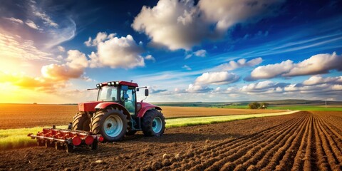Obraz premium Agricultural tractor with plow in a field, farm, machinery, equipment, rural, agriculture, cultivation, soil, crop, harvest