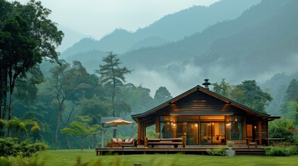 A Wooden Cabin nestled in a Lush Green Forest with a Misty Mountain Background