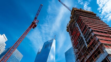 Fototapeta premium Construction Site with Skyscrapers and Cranes in New York