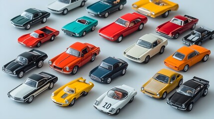 Naklejka premium A collection of diecast model cars arranged on a light solid color background, showcasing intricate detailing and vibrant colors