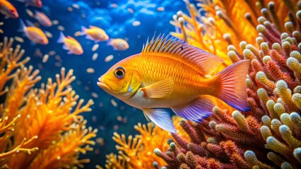 In shimmering turquoise waters, Royal Gramma glides effortlessly, its transparent scales and fins glistening with gentle movement, a peaceful scene unfolds.