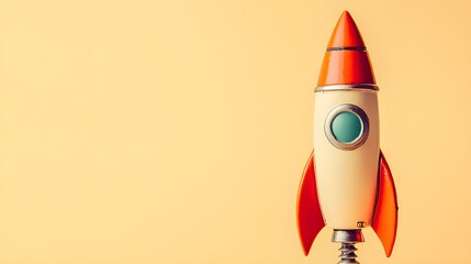 A close-up of a model rocket ready for launch, showcasing intricate details and bright colors against a light solid color background