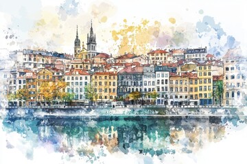 Fototapeta premium A vibrant watercolor illustration of a picturesque riverside city with colorful buildings and reflections on calm water.
