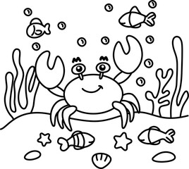Drawing outline crab on a reef surrounded by fish.eps