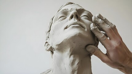 A skilled artist using clay to create a realistic sculpture of a human figure, with a light solid color background
