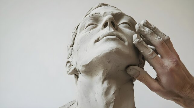 A skilled artist using clay to create a realistic sculpture of a human figure, with a light solid color background