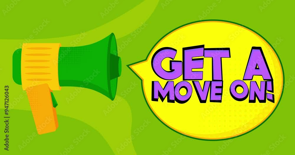 Poster megaphone with get a move on! text. 4k resolution animation with funny elements.