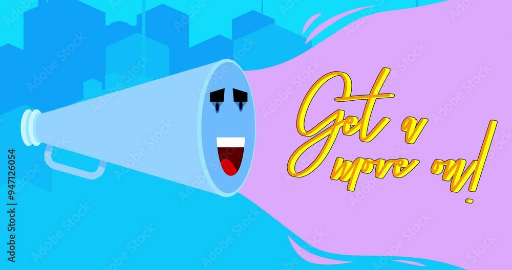 Poster megaphone with get a move on! text. 4k resolution animation with funny elements.
