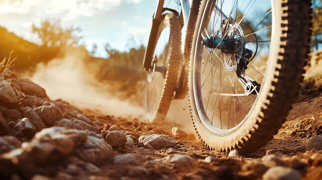 A close-up of a mountain bike tire rolling over a rocky path with dust being kicked up