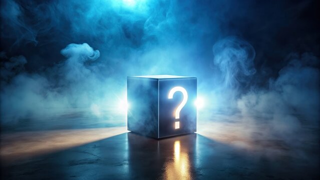 Mysterious glowing question mark box in misty setting , mystery, glow, question mark, box, mist, fog, eerie, spooky