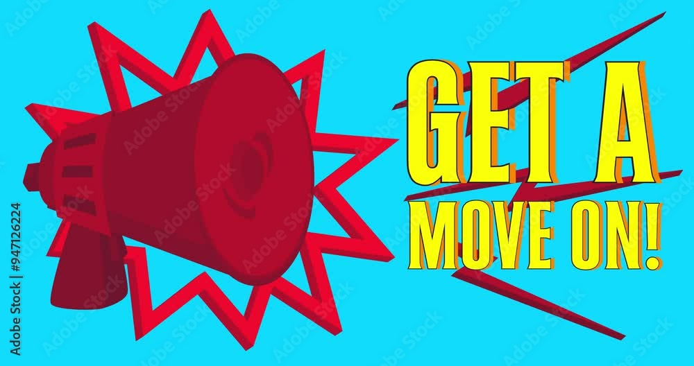 Poster megaphone with get a move on! text. 4k resolution animation with funny elements.