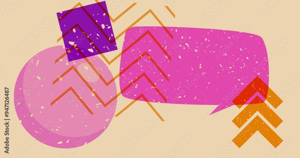 Poster fun risograph speech bubble with geometric shapes animation. moving object in trendy riso graph desi