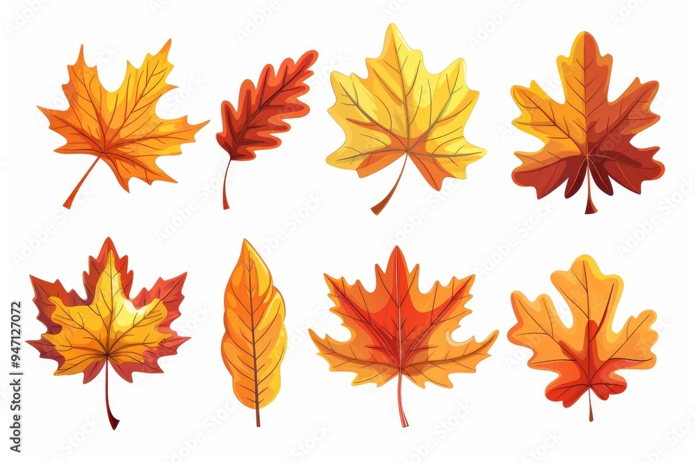 Poster a collection of different colored leaves arranged on a white background, ideal for design and decora