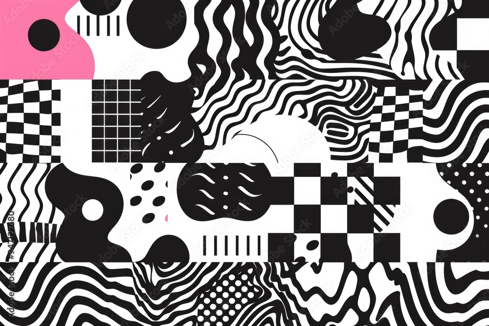 Poster a geometric pattern with pink accents on a black and white background, suitable for use in design, a