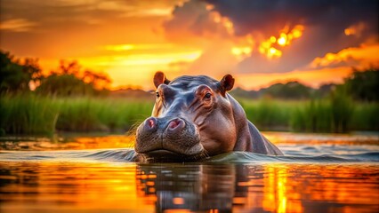 Fototapeta premium In the orange-pink sky, a serene hippopotamus rises from the water, its smooth skin glowing with a warm light, as it lazily breathes, its ears flapping gently.