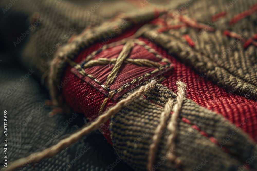 Aufkleber a close-up view of a knitted scarf with red and brown patterns, ideal for fashion or textile-related