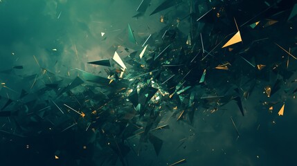 An abstract shattered glass explosion in shades of green and gold
