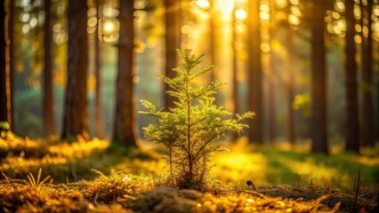 Obraz premium Plant bathed in golden light among trees in a forest, plant, golden, tree, backlight, forest, nature, sunlight, foliage