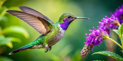 Fototapeta premium In warm sunlight, a whimsical hummingbird drinks nectar from a purple flower, its iridescent feathers shimmering, amidst lush green surroundings and ruffled tail feathers.