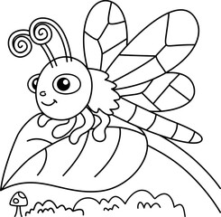 Drawing outline cheerful dragonfly on a leaf.eps