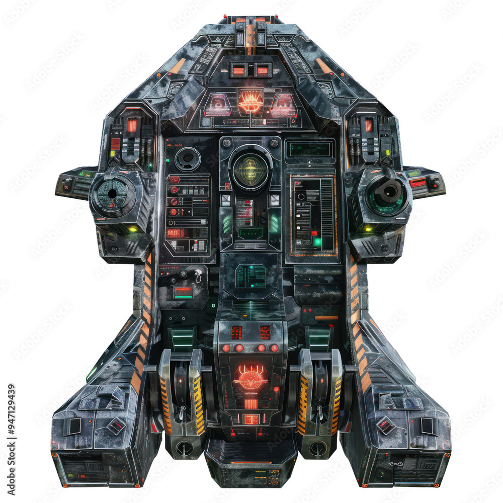Poster powerful alien spaceship cockpit is flying in outer space with its thrusters blazing