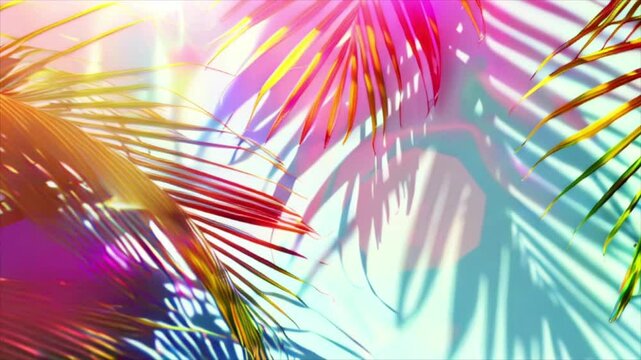 Colourful palm tree leaves background with copy space for text. Floral pattern wallpaper with shadows from shining sun